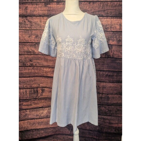 ASOS SKY BLUE STRIPED DRESS WITH Embroidery Size 2 beachy festical - Picture 1 of 10